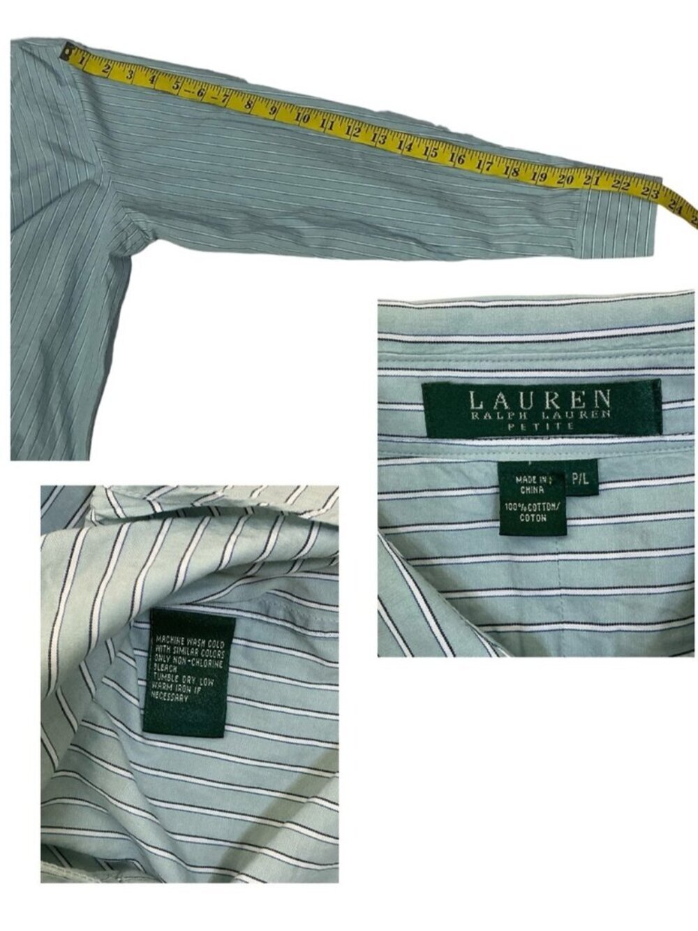 Lauren Ralph Lauren 100% Cotton Oxford Shirt long sleeve stripe Light Green P/L - Picture 5 of 11